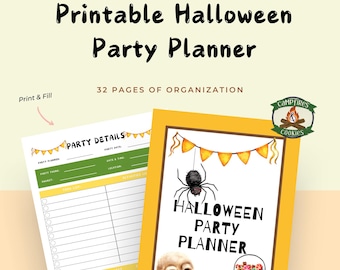Może przedstawiać: Drukowany planownik przyjęcia Halloween z 32 stronami organizacji. Okładka ma żółte tło z czarnym pająkiem, czaszką i dynią. Tekst "Halloween Party Planner" jest czarny.