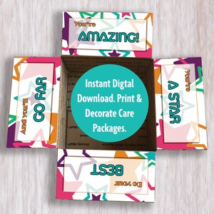 May include: A printable care package box with a colorful star pattern and the text "You're Amazing!" on the top flap. The box also includes the text "Instant Digital Download. Print & Decorate Care Packages."