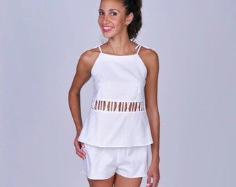 Short white pajama made of pure cotton, bridal pajama set