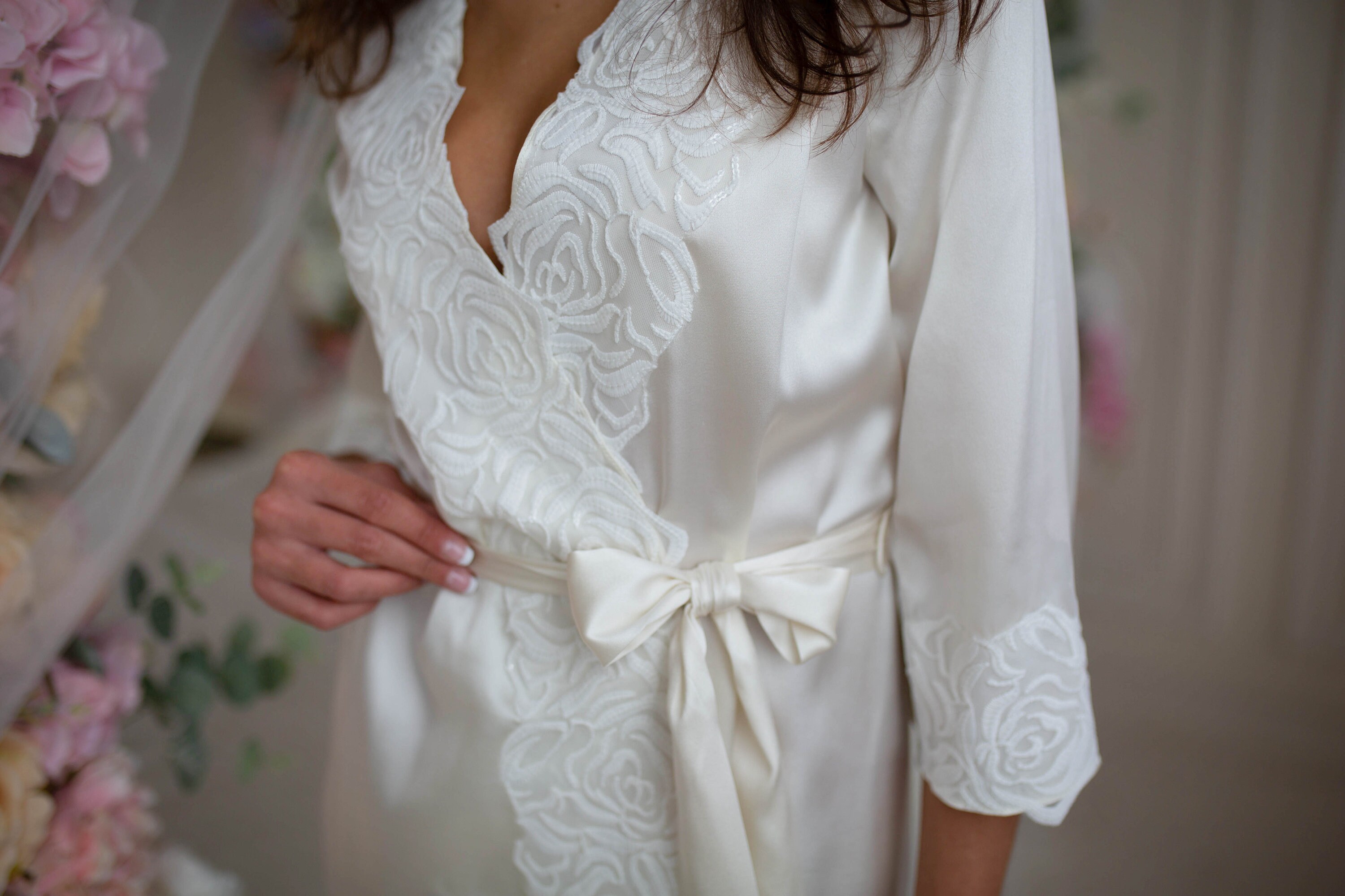 Satin \u0026 Lace robe for bride Silk kimono 