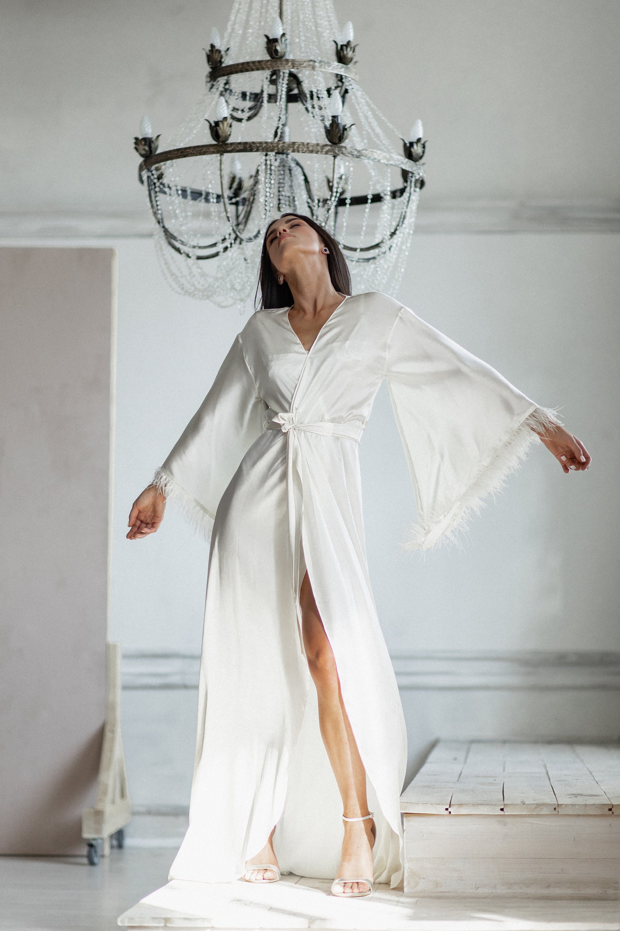 pink silk robe with feathers