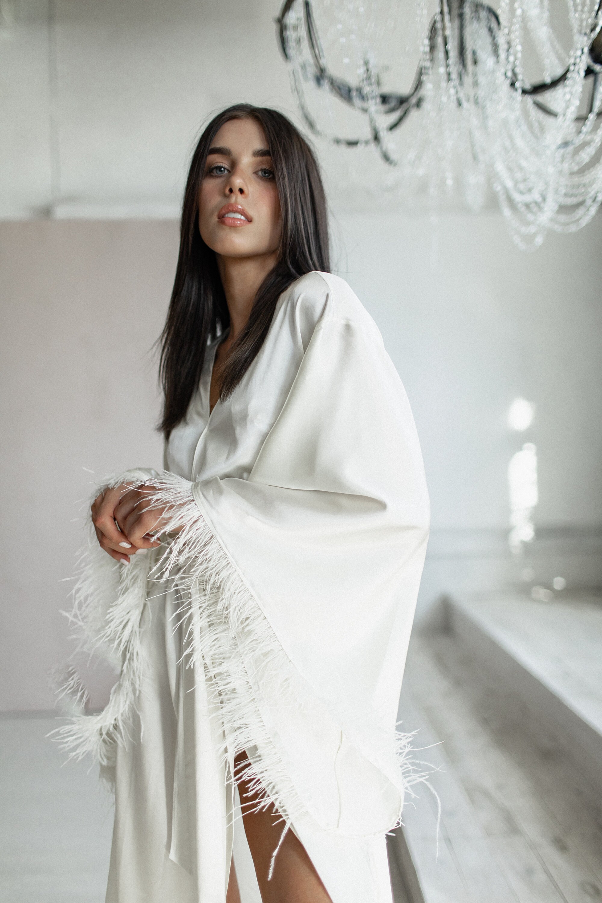 pink silk robe with feathers