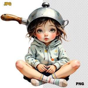 15 pothelm meisje clipart png, zachte kinderkamer illustratie, digitale pothelm meisje, zachte pastel kinderkunst, gezellige rustige graphics, download