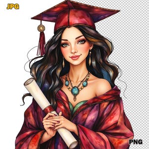 16 Boho Aquarell Graduation Girl Clipart, Erdfarbene Mütze und Kleid, organische Pinselführung, Glaseffekt, Instant Download