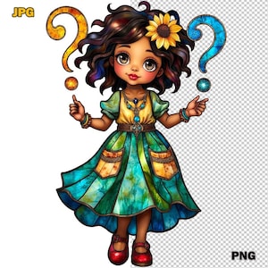 Conjunto de 20 imágenes prediseñadas de chicas curiosas, dibujos animados extravagantes, efecto vitral arcoíris, 300 DPI, descarga instantánea, imágenes prediseñadas divertidas