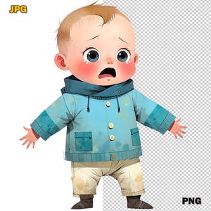 13 Clipart di un bambino che piange, Illustrazione di un bambino a matita colorata, Carino neonato con gli occhi lucidi in formato PNG, Arte infantile, Decorazioni per album e cameretta dei bambini, Uso commerciale