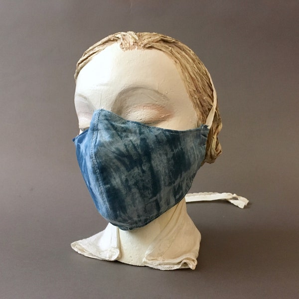 Indigo Face Mask - 100 Cotton Double Layer Unisex Adult Mask w Filter Pocket and Nose Wire - Mask for Women and Men - Blue Shibori Indigo