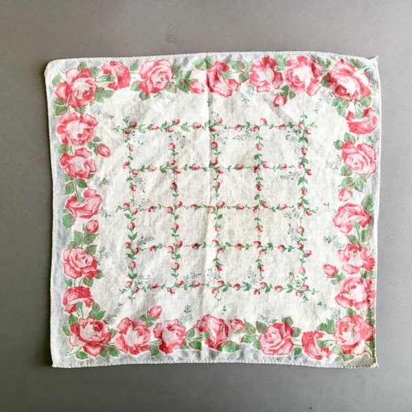 Vintage Roses Hankie - Light Cotton 50s 60s Vintage White Handkerchief w Red Roses Border - Floral Pattern Hanky - Central Floral Grid