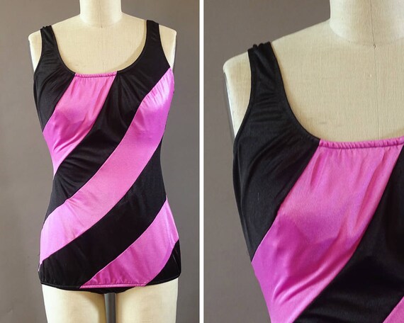 80s Neon Diagonal Bathing Suit- 1980s Vintage Swi… - image 1