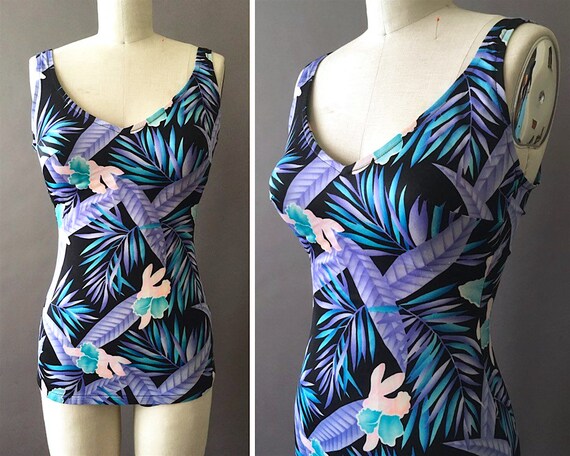 70s Neon Jungle Bathing Suit - 1970s Floral Vintage S… - Gem