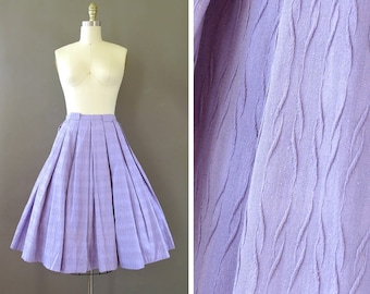 50s Field of Lilacs Deadstock Skirt- 1950s New Vintage Purple Skirt- Violet Textured Skirt w Pleats and Belt Loops - Full Circle Skirt