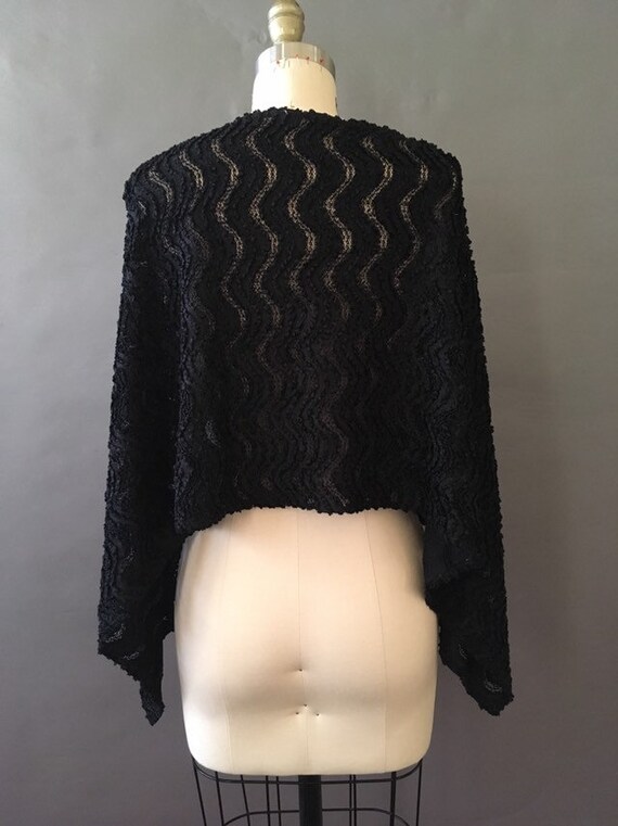 70s Black Waves Poncho - 1970s Black Vintage Cape - B… - Gem