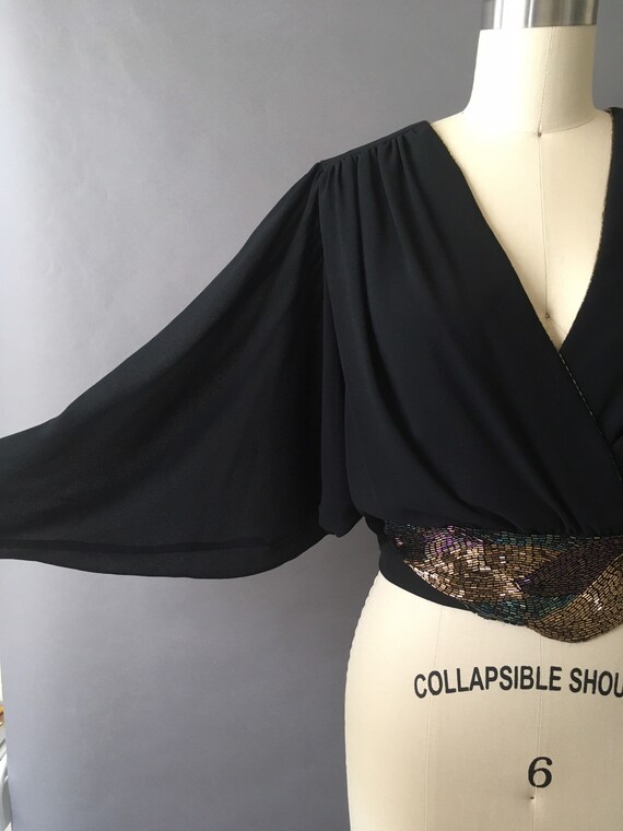 80s La Firsta Top - 1980s Beaded Black Top - Shee… - image 3