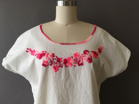 Vintage Pink Flowers Top - Cotton Mexican White T… - image 3