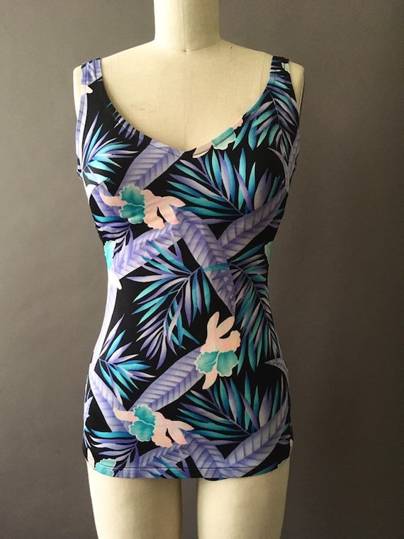 70s Neon Jungle Bathing Suit 1970s Floral Vintage S… Gem