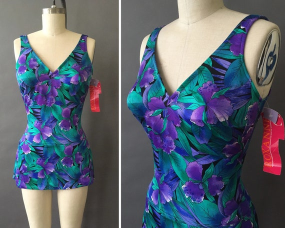 70s Jungle Flowers Swimsuit - 1970s Vintage Green… - image 1