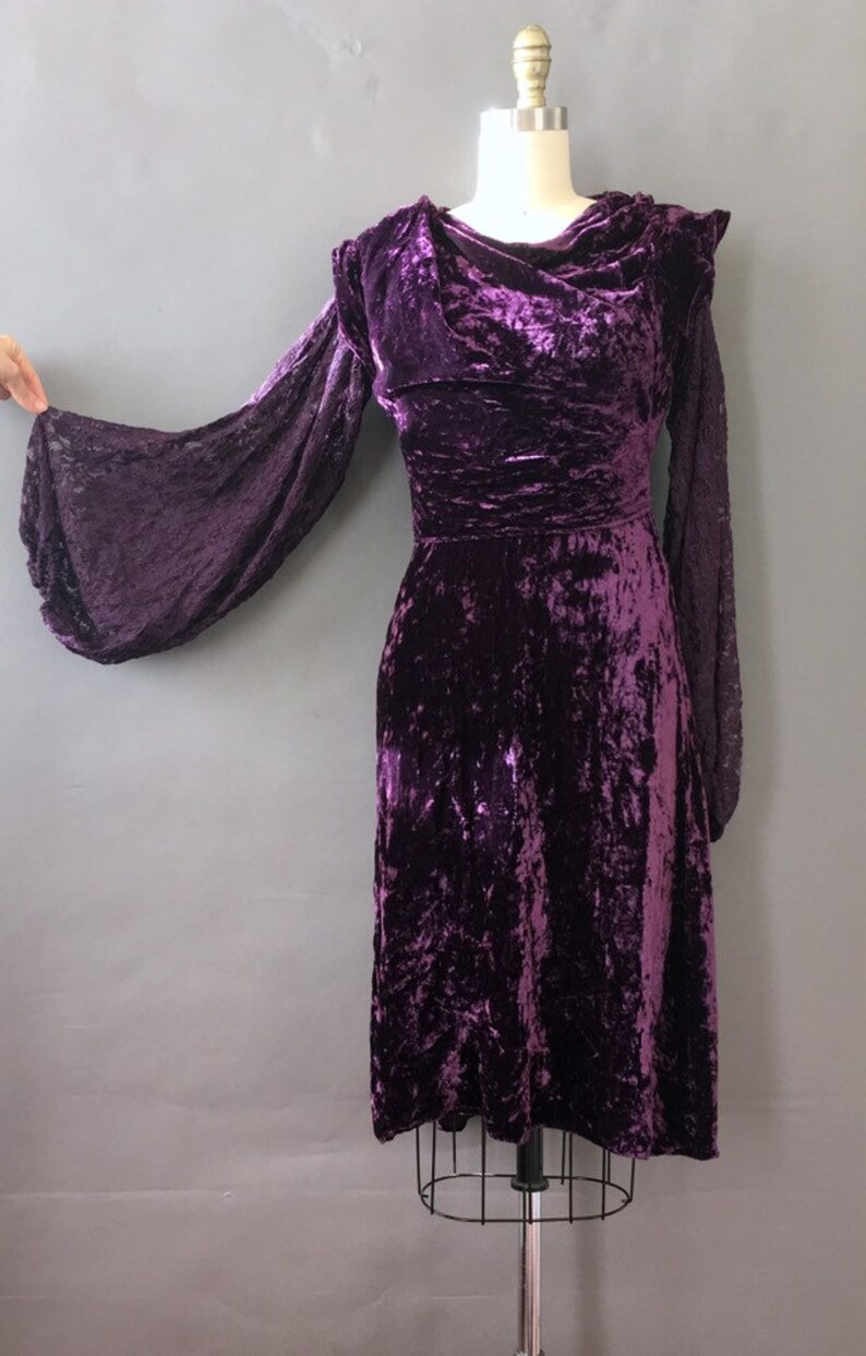 20s 30s Royal Crush Dress 1920s 1930s Vintage Purple Crushed Velvet Dress Violet Velvet Dress w Bell Sleeves and Side Snap Buttons image 2