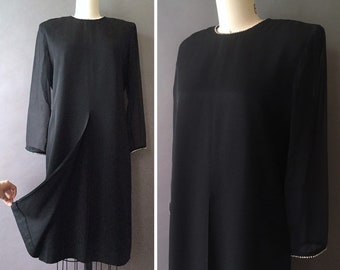 80s Clasico Dress - 1980s Vintage Black Dress - Long Sleeve Cocktail Party Sleek Dress w Center Split and Rhinestones - LBD Sheer Sleeves