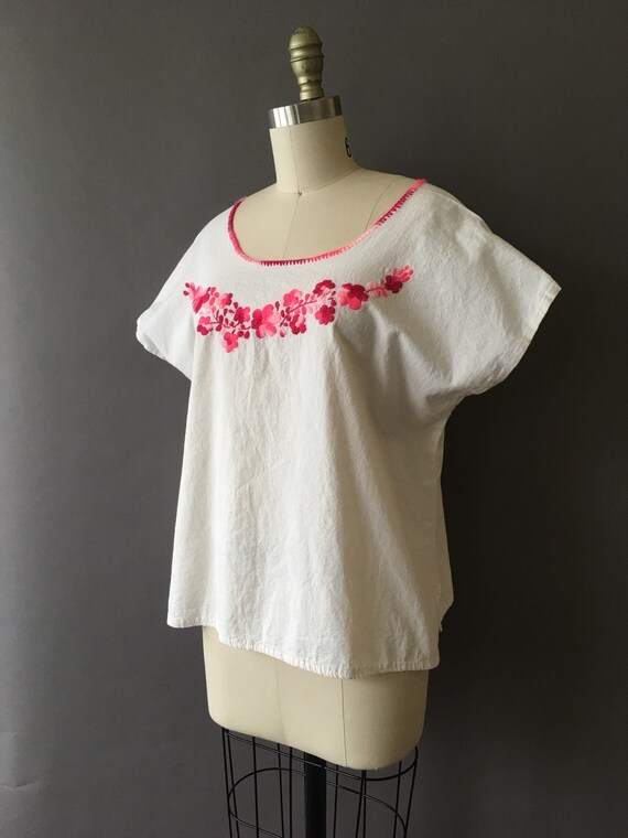 Vintage Pink Flowers Top - Cotton Mexican White T… - image 4