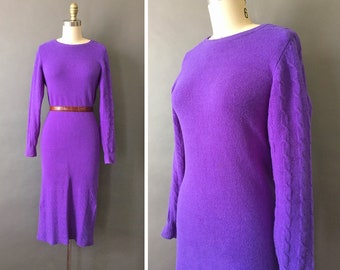 80s Las Violetas Dress - 1980s Vintage Purple Violet Dress - Lambswool Long Sleeve Knit Dress - Cable Knit Wool Midi Dress - Bodycon Dress