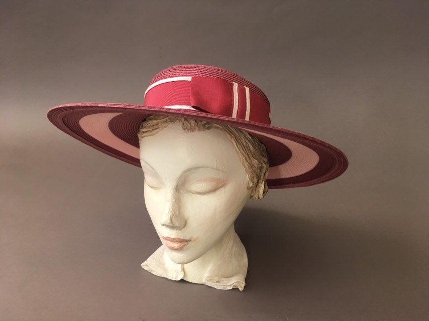 Vintage Double Roses Hat Wide Rim Pink 