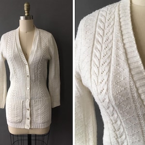 70s Braids and Pockets Sweater - 1970s Vintage White Cardigan - Acrylic Button Down Sweater w Cable Knit Pattern and Pockets - Wintuk Knit