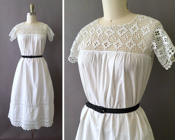 1900s White Spirit Dress - Early 1900s Cotton Ant… - image 1