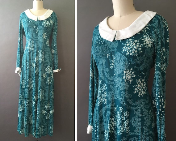 70s The Dream Dress - 1970s Blue Green Maxi Vinta… - image 1