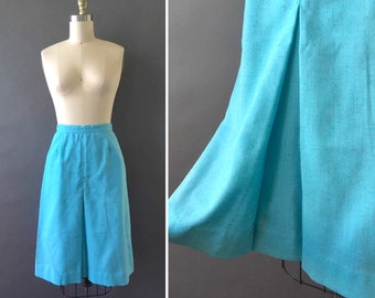 70s Split Sky Skirt - 1970s Vintage Bright Teal Blue Skirt w Center Split - Pleated Waist Skirt - Rayon Linen Skirt by Eje - Light Blue