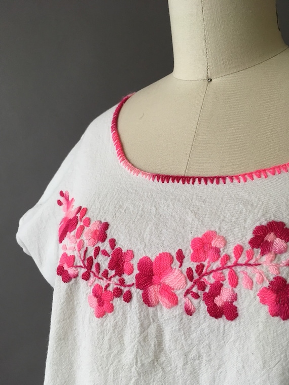 Vintage Pink Flowers Top - Cotton Mexican White T… - image 7