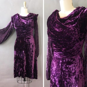 20s 30s Royal Crush Dress 1920s 1930s Vintage Purple Crushed Velvet Dress Violet Velvet Dress w Bell Sleeves and Side Snap Buttons image 1