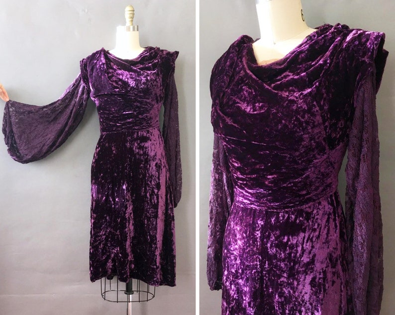 20s 30s Royal Crush Dress 1920s 1930s Vintage Purple Crushed Velvet Dress Violet Velvet Dress w Bell Sleeves and Side Snap Buttons image 1