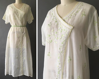 60s El Prado Dress - 1960s Vintage Light White Cotton Sheer Dress with Green and Yellow Embroidered Flowers - Long Maxi Short Sleeve Dress