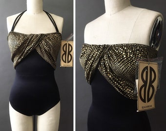 70s 80s Deadstock Reflections Swimsuit - 1970s 1980s Vintage Black Gold Designer Bill Blass Bathing Suit - Strapless Halterneck Swimwear