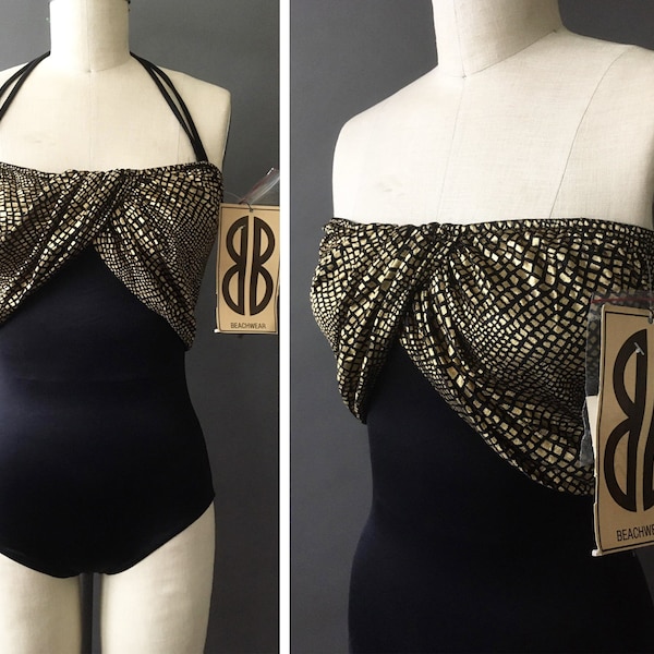 70s 80s Deadstock Reflections Swimsuit - 1970s 1980s Vintage Black Gold Designer Bill Blass Bathing Suit - Strapless Halterneck Swimwear