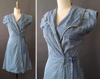 50s Swirl Me Around Dress - 1950s Cotton Blue Yellow Wrap Dress - Abstract Print Geometric Pattern Dress - Cross Over V Neck Dress w Tie