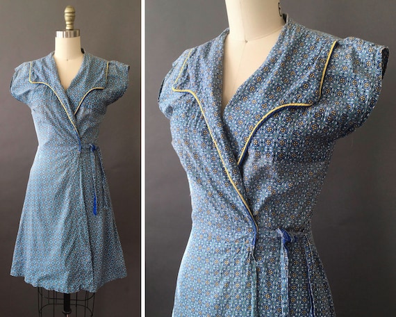 50s Swirl Me Around Dress - 1950s Cotton Blue Yel… - image 1