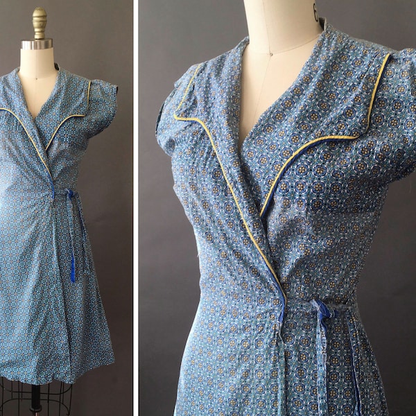 50s Swirl Me Around Dress - 1950s Cotton Blue Yellow Wrap Dress - Abstract Print Geometric Pattern Dress - Cross Over V Neck Dress w Tie