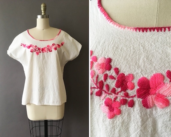 Vintage Pink Flowers Top - Cotton Mexican White T… - image 1
