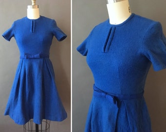 50s Cozy Blues Dress - 1950s Vintage Wool Dress - Short Sleeve Blue Wool Fit and Flare w Matching Bow Belt - Winter Spring Warm Dress