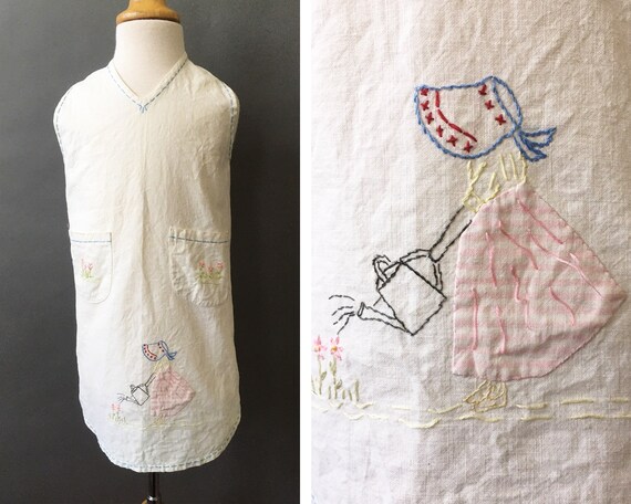 Vintage Watering Plants Apron - Hand Embroidered … - image 1