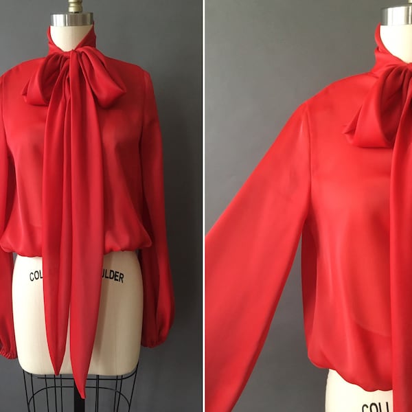 70s Wrap Me Red Blouse - 1970s Vintage Red Sheer Blouse - Pussy Bow Red Long Sleeve Shirt - Long Neck Tie Shirt - Red Top - Secretary Top