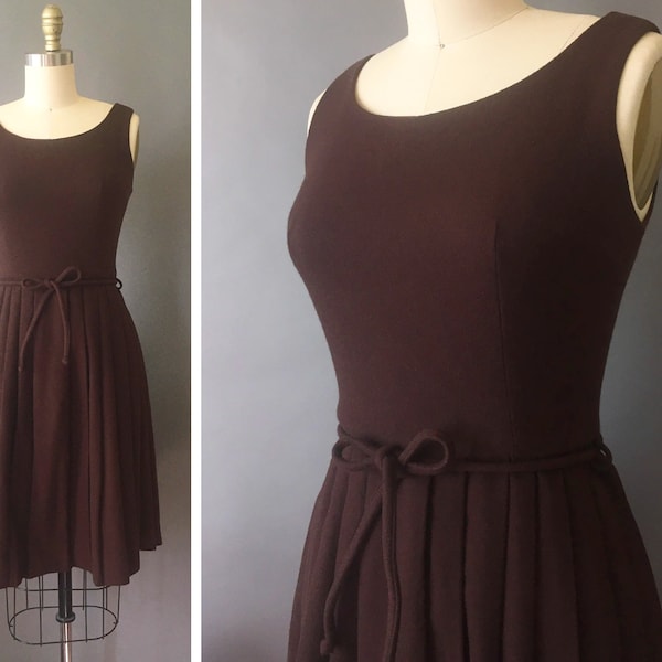 50s Hot Chocolate Dress - 1950s Vintage Wool Brown Dress - Sleeveless Dark Brown Umber Wool Dress w Pleats and Matching Belt - Fit and Flare