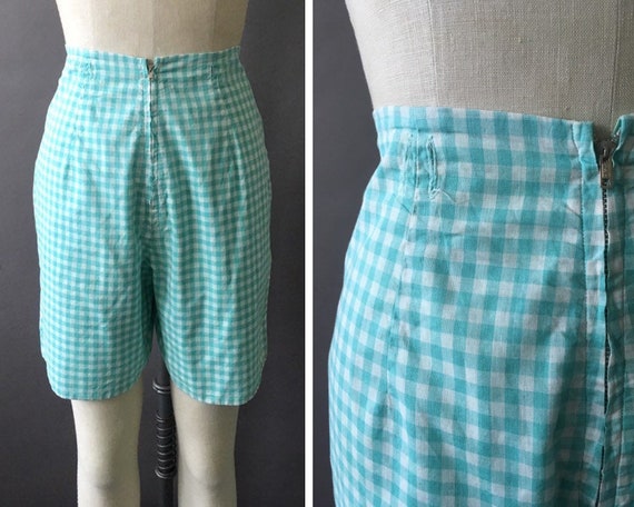 50s Lady Gingham Shorts - 1950s Vintage Blue Whit… - image 1