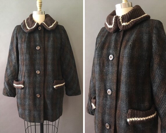 40s Choco Plaid Coat - 1940s Vintage Wool Brown Gr