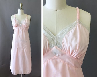 40s Sheer Blush Slip - 1940s Light Pink Blush Vintage Full Slip - Pastel Pink Night Dress - Midi Slip with Sheer Lace Trim and Ruched Bust