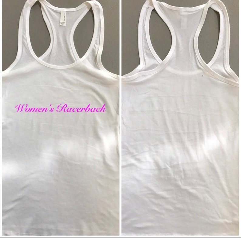 May include: White racerback tank top with the text "Women's Racerback" printed in pink on the front.
