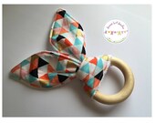 Eco Friendly Teether Wooden Teething Ring with Handmade Bunny Ears - Metallic Gold, Coral, Mint, Triangles