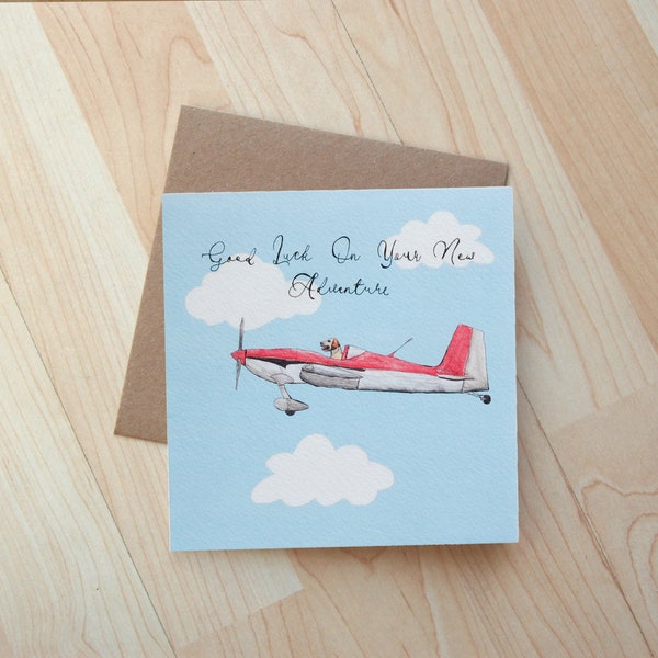 Good Luck On Your New Adventure Dog Plane illustration card printed on eco friendly card