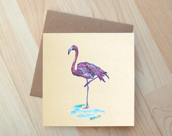 Carte de voeux illustration flamant rose imprimée sur une carte écologique